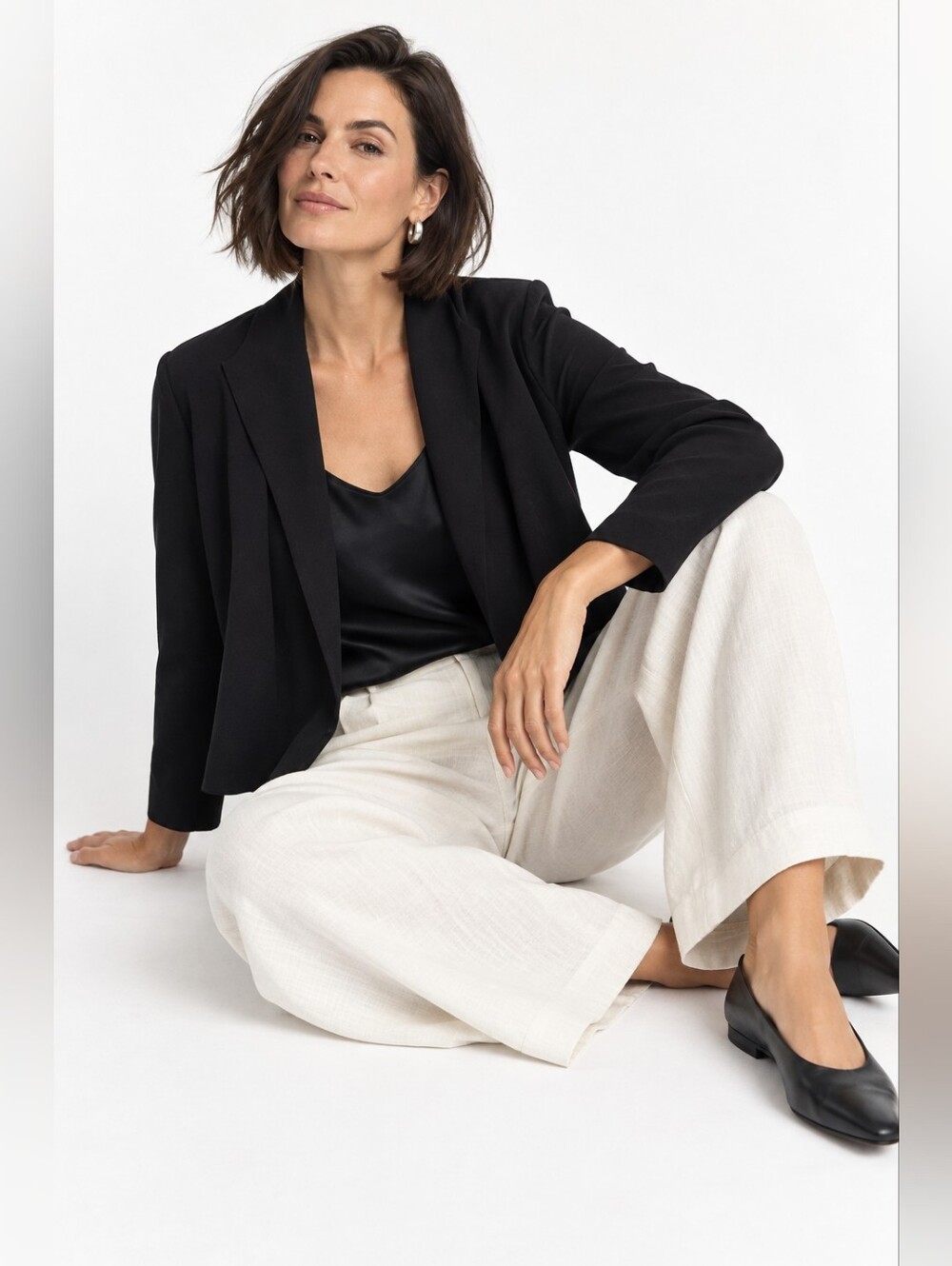 Eileen Fisher Black Wool Viscose Open Front Blazer Jacket Size M